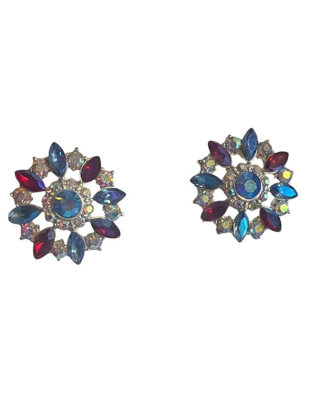Silver Tone Round Earrings Openwork Clear Blue Red Aurora Borealis Rhinestones